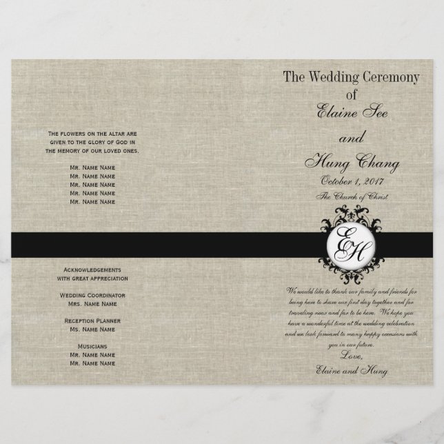 Burlap Linge Noir Programme de mariage Chic Monogr (Devant)