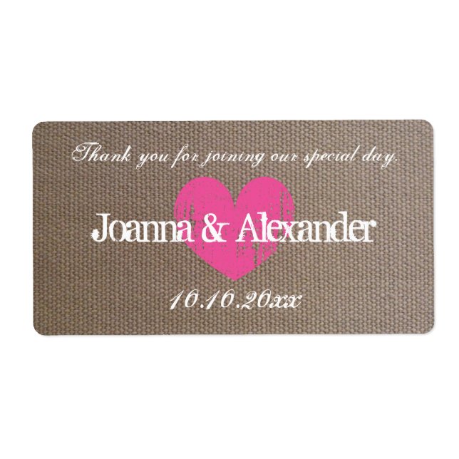 Burlap pays chic bouteille d'eau mariage étiquette (Devant)