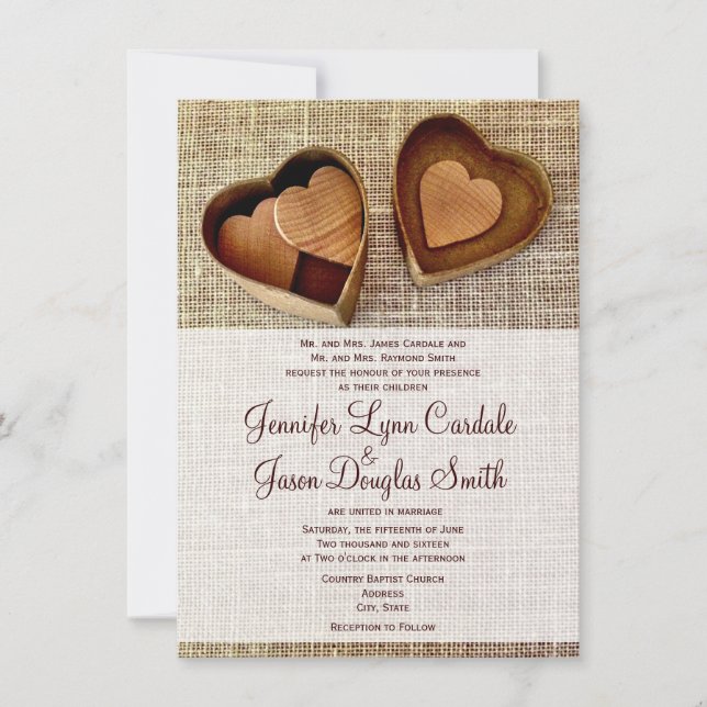 Burlap Pays Coeurs en bois Invitations de mariage (Devant)