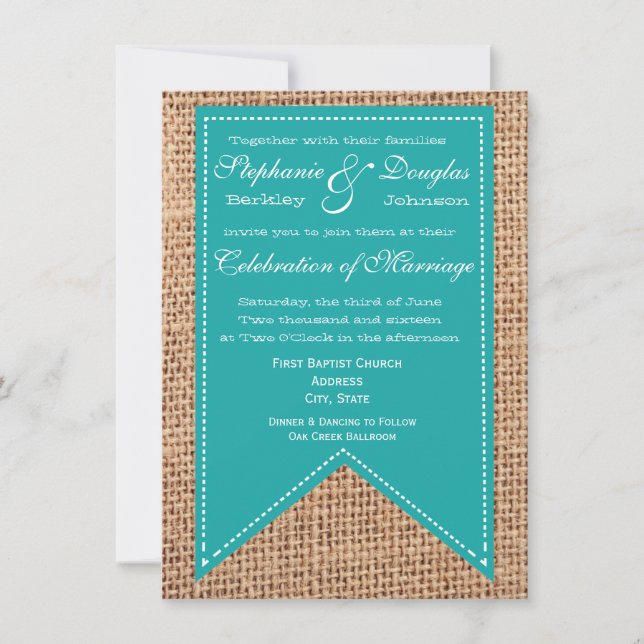 Burlap Print Turquoise Rustic Wedding Invitations (Devant)