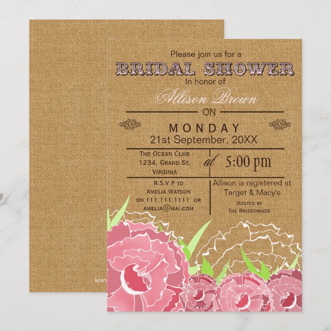 Burlap, rose floral, rustique Invitations de douch (Devant / Derrière)