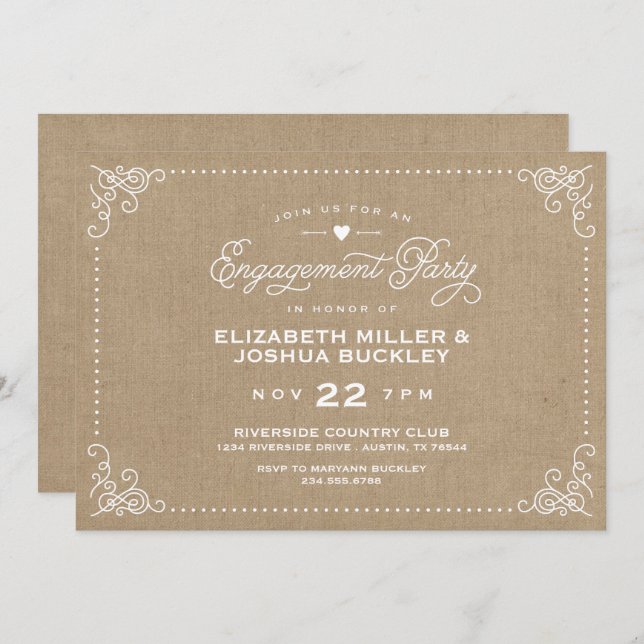 Burlap Rustic Script Engagement Party Invitation (Devant / Derrière)