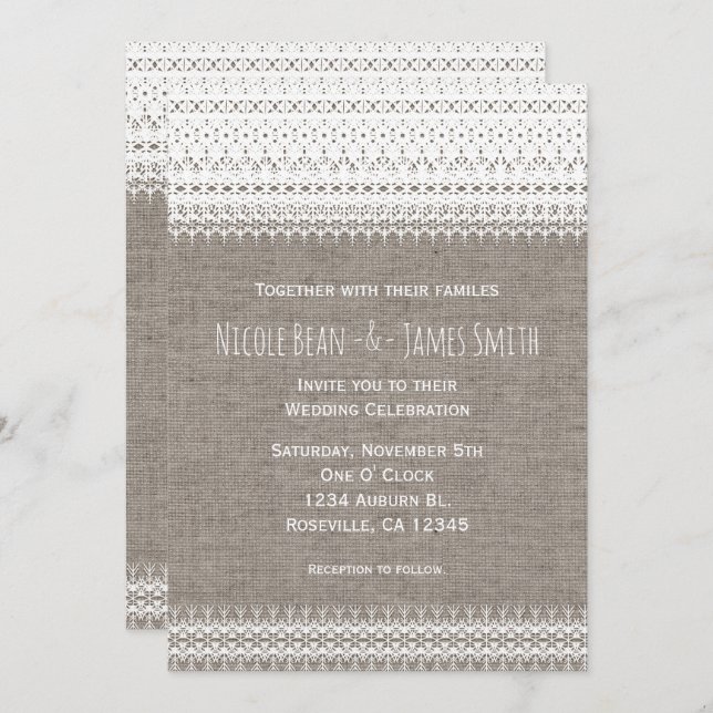 Burlap rustique & Elegant Lace Wedding Invitations (Devant / Derrière)