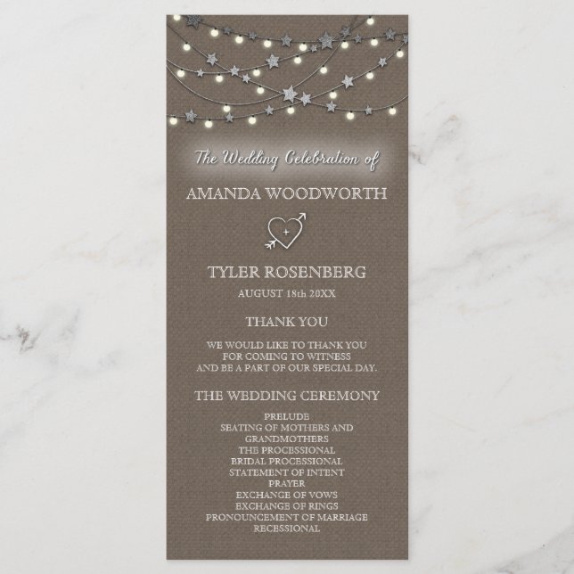 Burlap Star String Lights Rustic Wedding Programme (Devant)