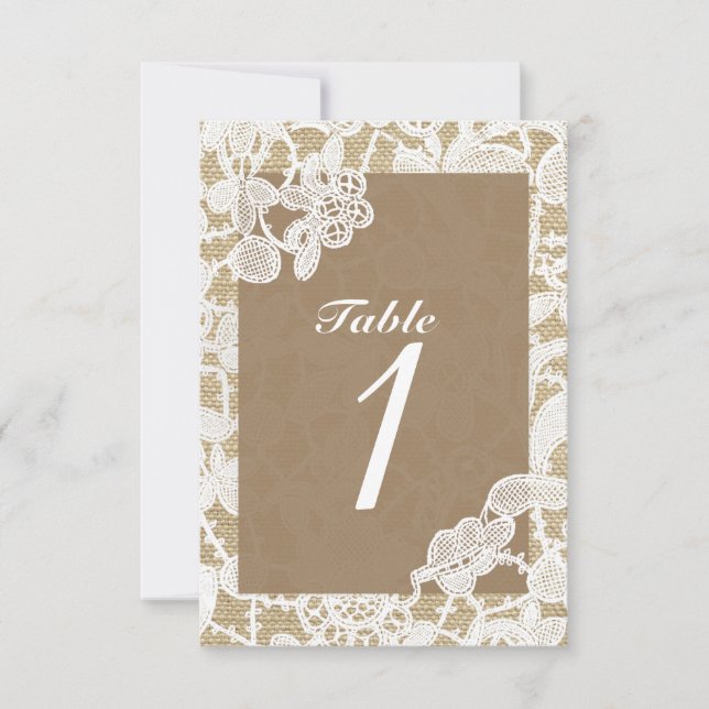 Burlap & White Floral Lace Rustic Numéro de table (Devant)