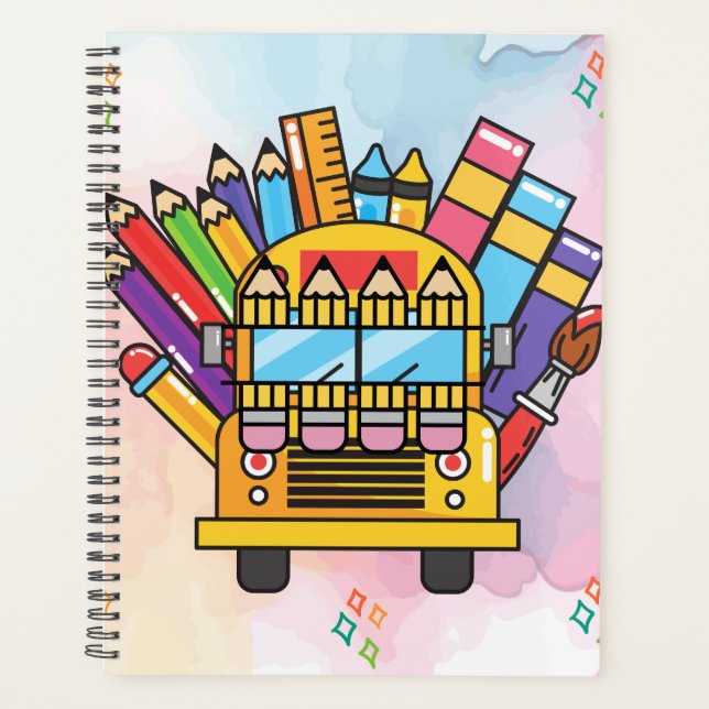 Bus scolaire créatif fait de fournitures scolaires (Devant)