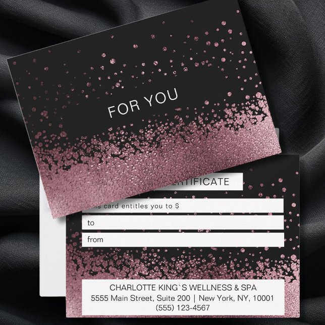 BUSINESS CERTIFICACE cadeau pour vous (BUSINESS GIFT CERTIFICATE Elegant, modern, rosegold-black glitter.)