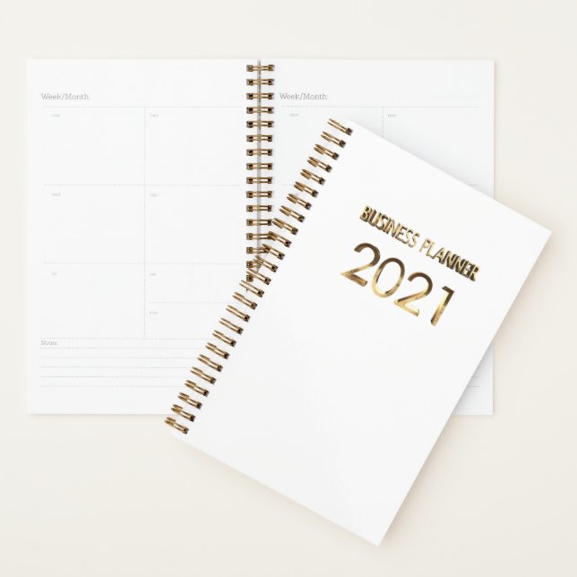Business Planner 2021 Typographie blanche et or (Devant avec enveloppe)