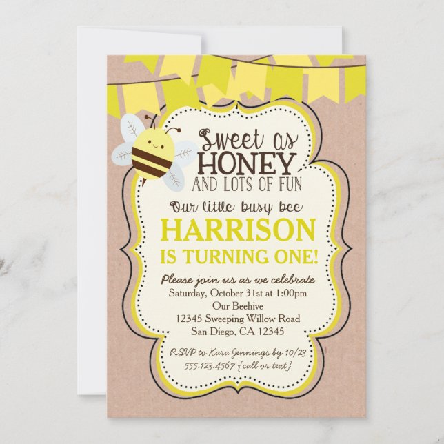 Busy Bee Birthday Invitation pour garçon ou fille (Devant)