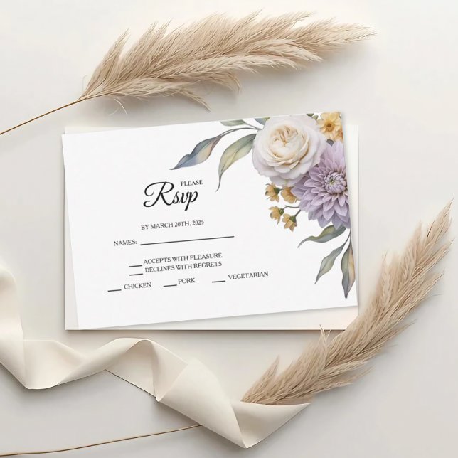 Butter Yellow And Lilac Floral Wedding RSVP Cards (Créateur téléchargé)