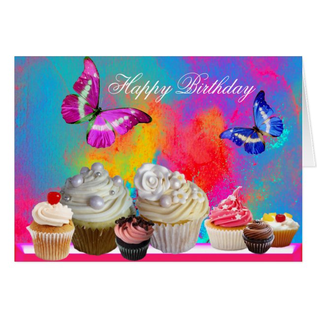 BUTTERFLIES YUMMY CUPCAKES, ANNIVERSAIRE COLORÉ (Devant horizontal)