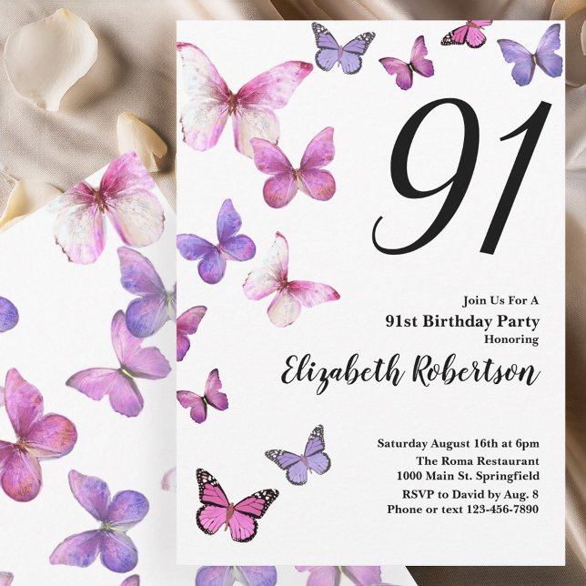 Butterfly 91st Birthday Invitation in Pink /Purple (Créateur téléchargé)