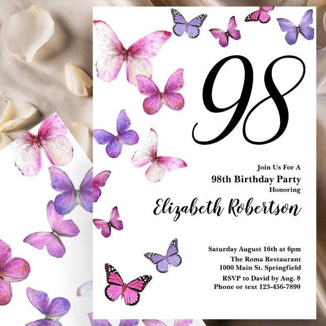 Butterfly 98th Birthday Invitation in Pink Purple (Créateur téléchargé)