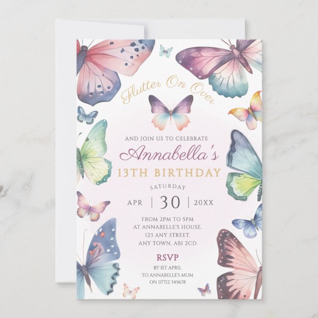Butterfly Anniversaire de fête Invitation Pastel B (Devant)