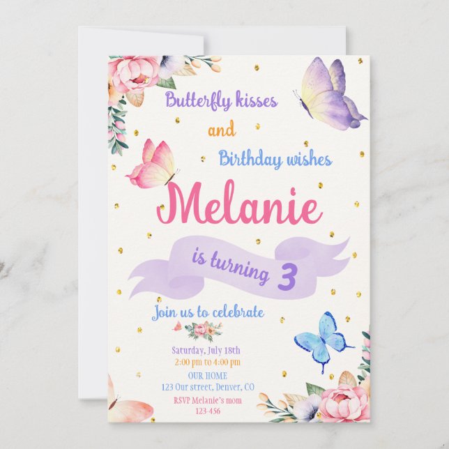 Butterfly Birthday Invitation Floral Party invite (Devant)