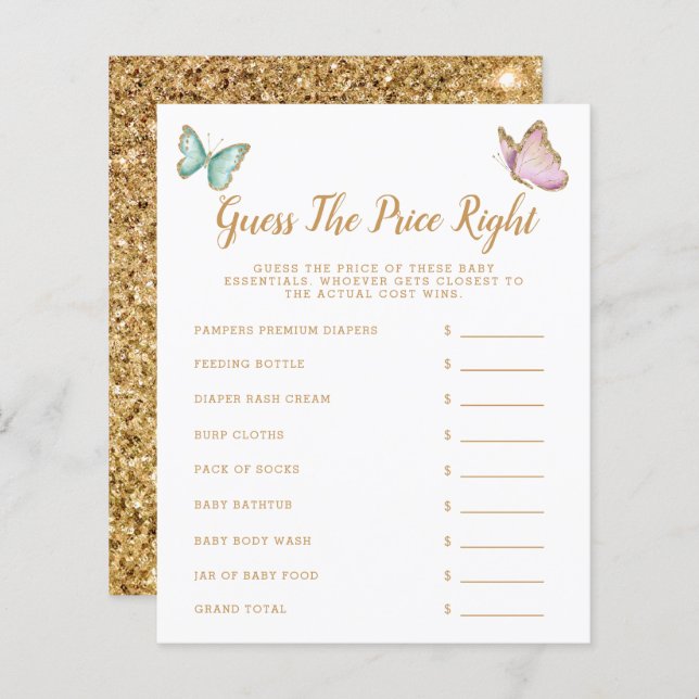 Butterfly Devinez le prix juste jeu de Baby shower (Devant / Derrière)