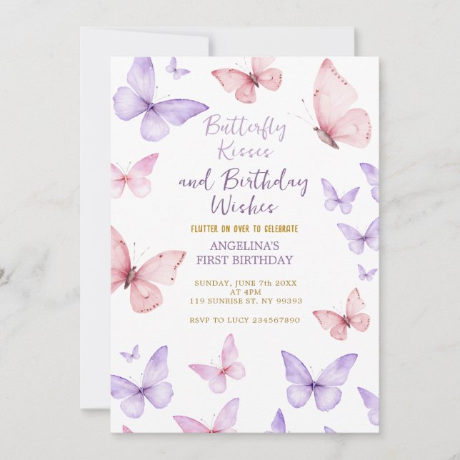 Butterfly First Birthday Invitation Girl (Devant)