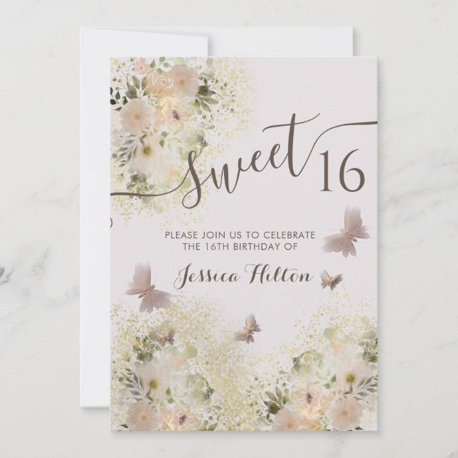 Butterfly floral garden sweet sixteen invitation (Devant)