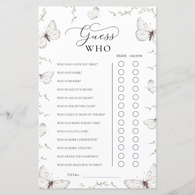 Butterfly Garden Bridal Shower Guess Who Game (Devant)