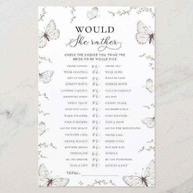 Butterfly Garden Bridal Would She Rather Game (Devant)