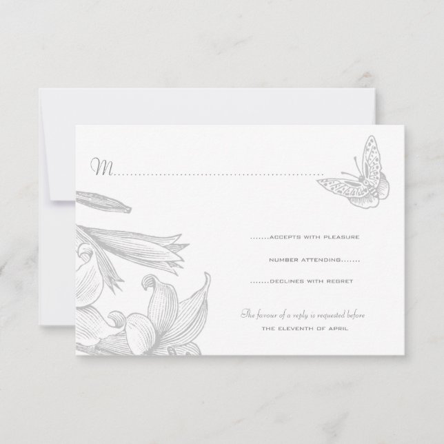 Butterfly Lilies Argent Mariage Anniversaire RSVP (Devant)