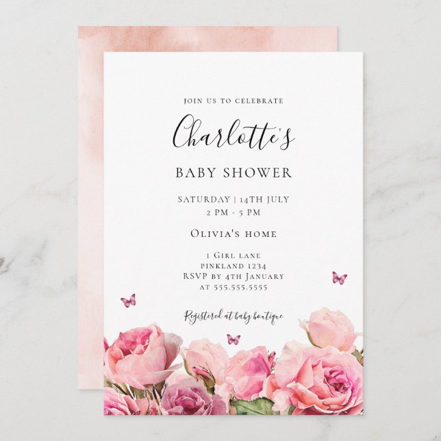 Butterfly Pink Rose Girl Baby Shower Invitation (Devant / Derrière)