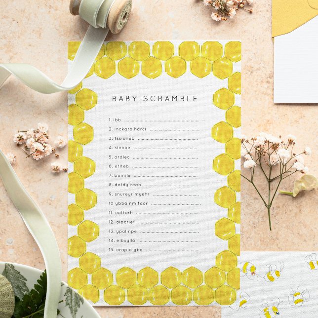 Buzzing Bees Baby ABC's Baby shower Jeu (Yellow watercolor bees and honeycomb Baby Shower word scramble game sheets.)