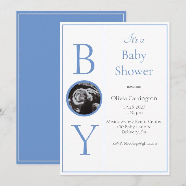 C’est un garçon Photo Baby shower bleu Invitation (Devant / Derrière)