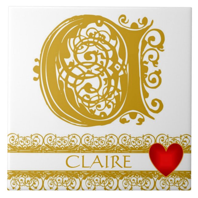 C Monogramme Nom Or Dentelle Rouge Carreau Modèle  (Devant)
