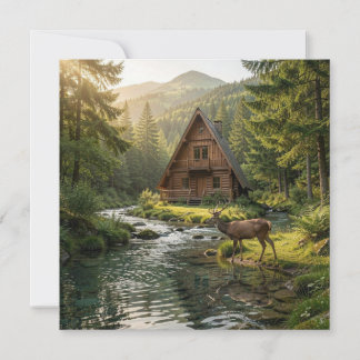 Cabane en rondins, ruisseau, montagnes et cerfs Ar
