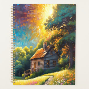 Cabane et fleurs dans une prairie colorée
