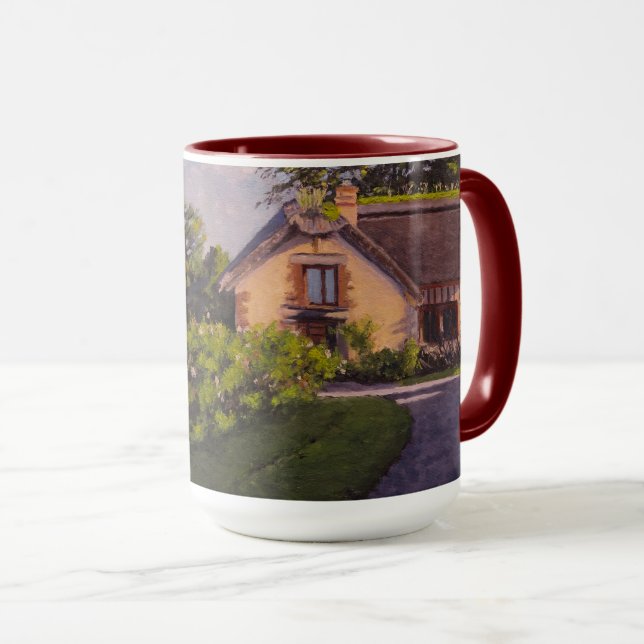 Cabane Rustique Avec Violets, Verts, Jaunes Mug (Devant droit)