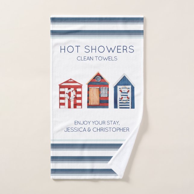 Cabanes de plage rayures parasols texte personnali (Serviette à main)