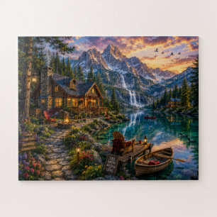 Cabanon de montagne et puzzle de lac