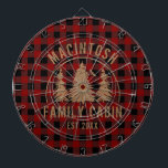 Cabine Nom de famille Red Buffalo Plaid Cible de f<br><div class="desc">Créez un tableau de bord personnalisé avec un damier à buffle rouge et noir rustique et une image des pins des bois avec votre texte personnalisé en marron (avec NOM FAMILLE CABINE et date de l'année établie). Tout le texte est modifiable. Idéal pour un cabine de famille, un gîte de...</div>