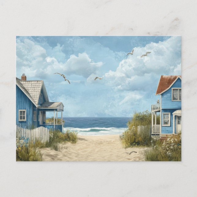Cabines de plage bleues Carte postale d'art côtier (Devant)