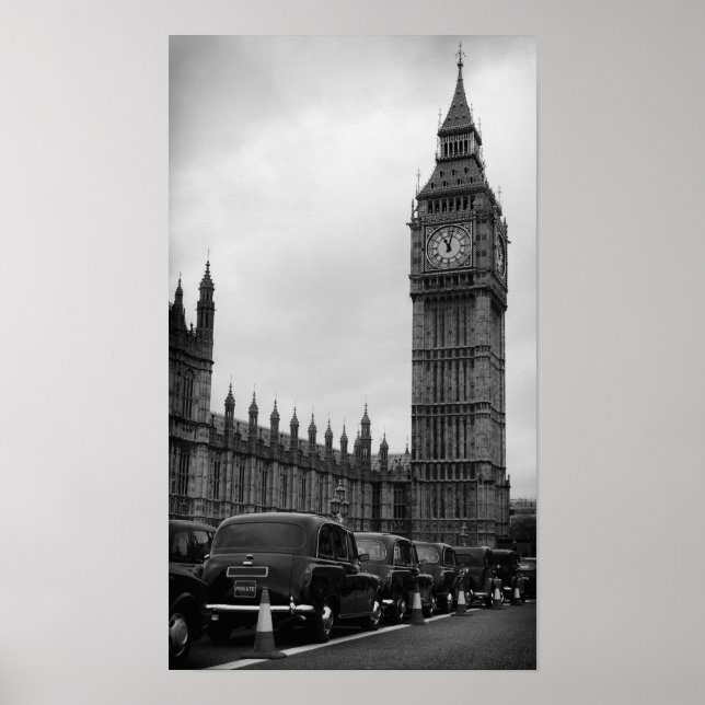 Cabines de taxi Big Ben en poster noir et blanc (Devant)