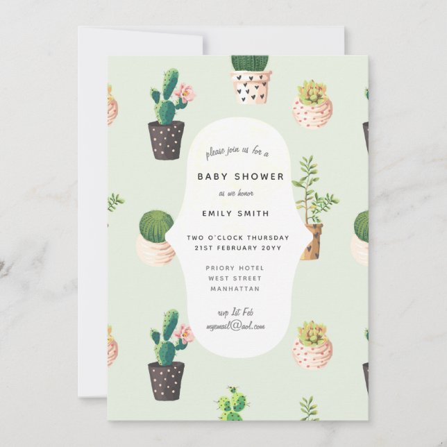 Cactus Baby showers Invitations Aquarelle Succulen (Devant)
