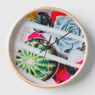 Cactus et cage à oiseaux Horloge ronde