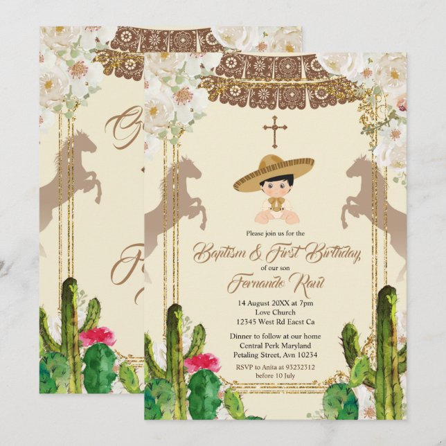 Cactus Fiesta Boy Baptism and Birthday Invitation (Devant / Derrière)