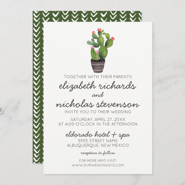Cactus floraux roses - Invitation au mariage (Devant / Derrière)