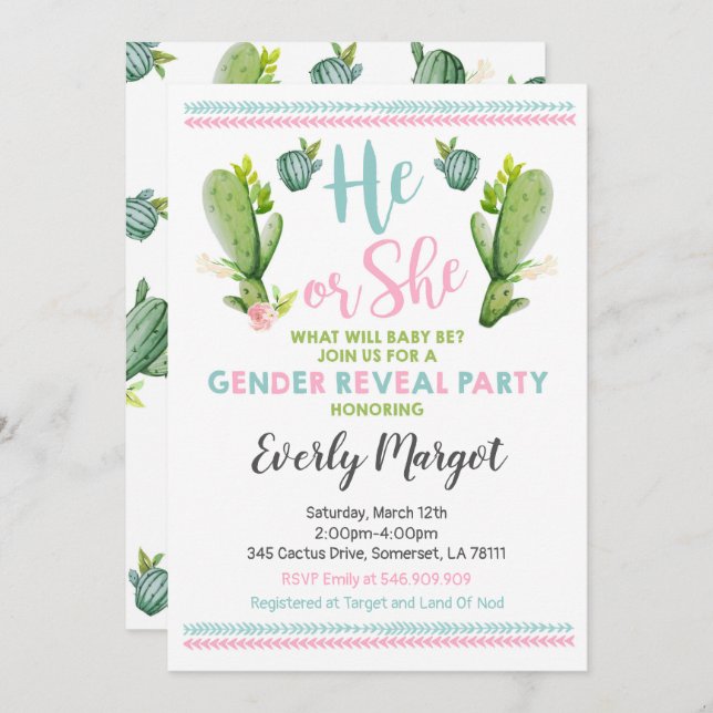 Cactus Genre Reveal Party Invitation Baby Reveal (Devant / Derrière)