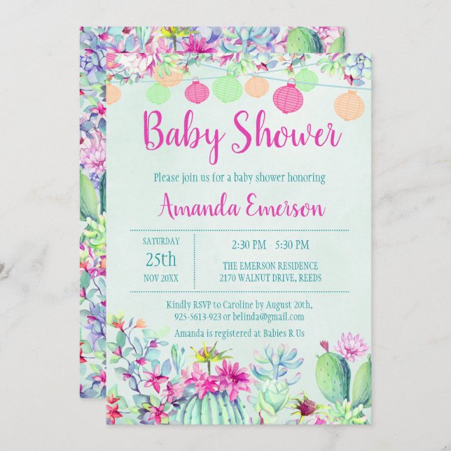 Cactus Lantern Fiesta Baby Shower Invitations (Devant / Derrière)