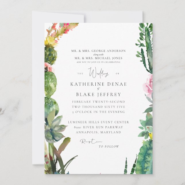 Cactus Tropical Elégant Mariage Invitation (Devant)