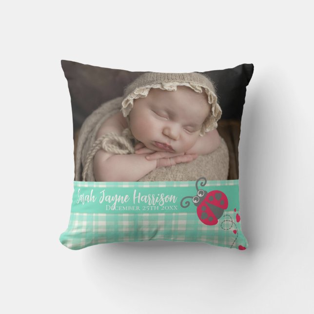 Cadeau à la naissance ladybug aqua vert coussin (Recto)