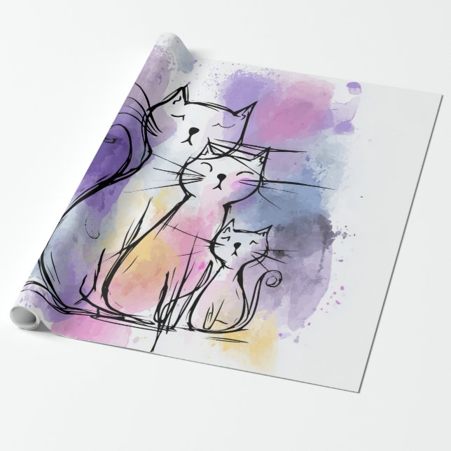 Cadeau Aquarelle de famille de chats Papier d'enveloppeme (Déroulé)