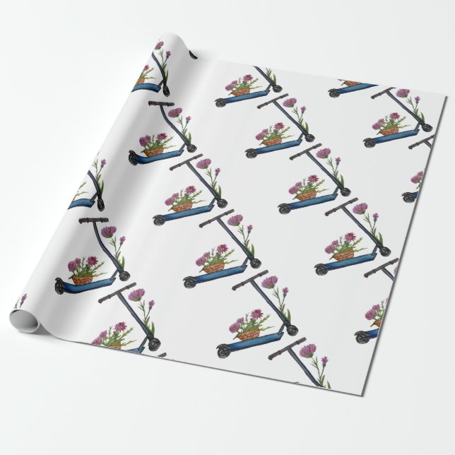 Cadeau Aquarelle douce Art Push Scooter Papier d'envelopp (Déroulé)