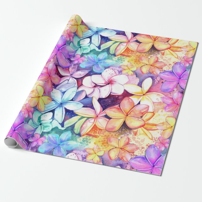 Cadeau Aquarelle Plumeria Fleurs Enveloppement Papier (Déroulé)