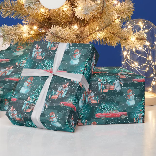 Cadeau Arbre de Noël, Neiges et Lapins Papier à enveloppe (Vacances)