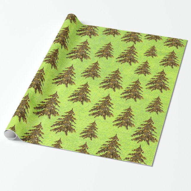 Cadeau Arbre de Noël scintillant sur papier vert abstrait (Déroulé)